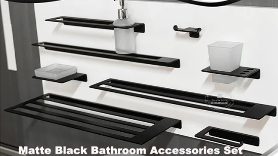 Современный набор оборудования для ванны из 6 предметов. Современные роскошные матовые черные товары для ванной комнаты в отеле. Аксессуары для ванны.